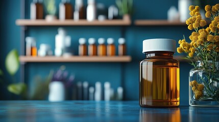 Natural Remedies: Bottle, Herbs & Pharmacy Shelf
