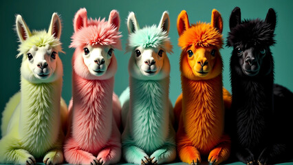Fototapeta premium Cute and funny llama's in a variety of colors sitting next to each other isolated against a teal backdrop