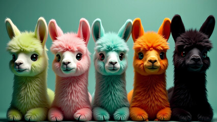 Fototapeta premium Cute and fluffy stuffed animal toy llama's in a variety of different colors
