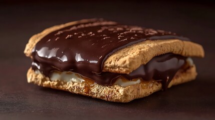 A close-up of a rich, gooey s'more with melted chocolate, placed on a dark brown background,
