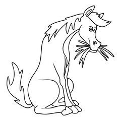 A cartoon horse sitting and eating grass, line art style. Cute and whimsical, perfect for children's designs, farm themed projects, or animal related content