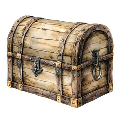 Watercolor of a Vintage Wooden Treasure Chest with Ornate Brass Details on a Soft Brown Background