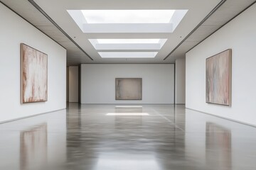 Fototapeta premium Spacious Modern Gallery with White Walls and Natural Light Illuminating Empty Room Featuring Minimalist Artworks