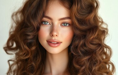 Fototapeta premium Fashion Portrait of Woman with Curly Hair Beautiful Smile and Red Nails in Natural Light