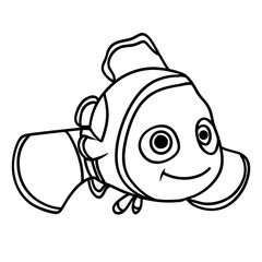 A cartoon clownfish with big eyes and a friendly smile, line art style. Cute and recognizable, perfect for children's designs, or ocean themed projects.