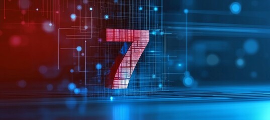 3D Number Seven in Futuristic Style on a Digital Abstract Blue and Red Background With Glowing Lines