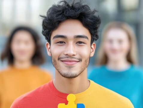 man holding puzzle piece with people in background