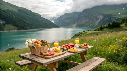 picnic in the mountains beside a lake