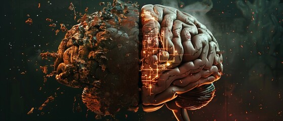 This is a striking image of a human brain that has been digitally manipulated to appear split, with one half seemingly "exploding" or disintegrating. 
