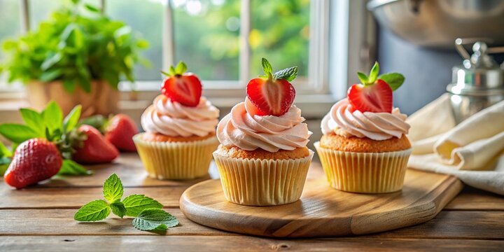 Delicious Strawberry Cupcakes with Mint on Rustic Wooden Table in Cozy Kitchen