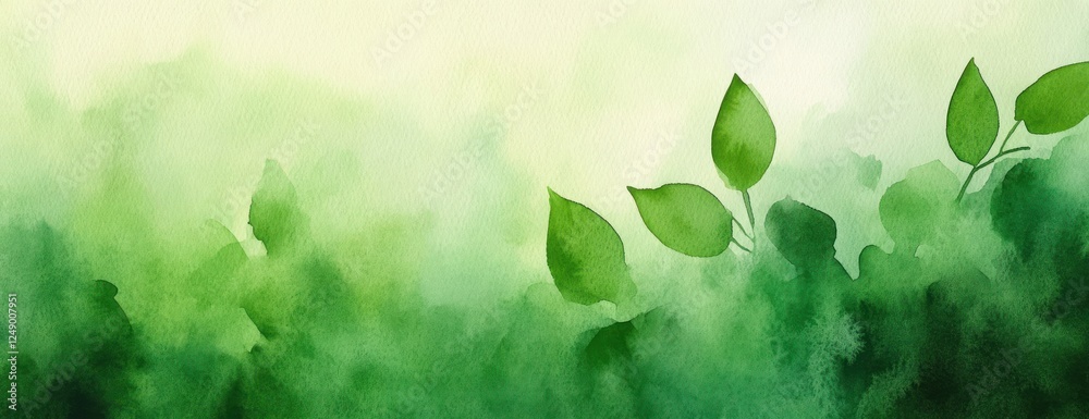 Poster Watercolor Abstract Green Background with Textured Gradient and Hazy Lighting for Spring and Summer Designs
