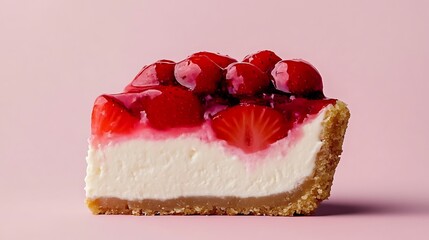 A close-up of a slice of creamy cheesecake with strawberry topping, set against a soft pink background,