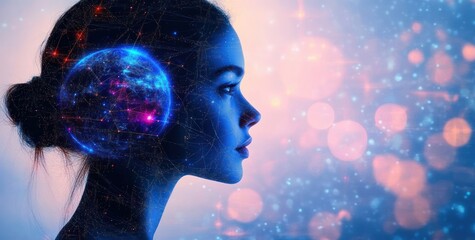 Futuristic Digital Globe and Woman's Profile Silhouette in Cyberpunk Style With Global Communication Concept