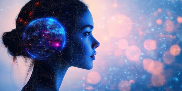 Futuristic Digital Globe and Woman's Profile Silhouette in Cyberpunk Style With Global Communication Concept