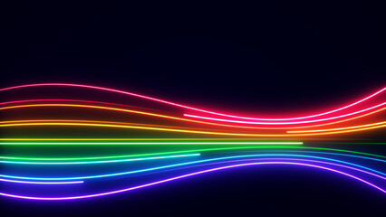 Rainbow neon lines flowing on dark background: celebrating pride with vibrant illumination