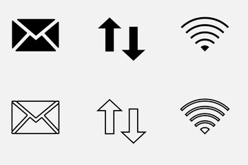 Minimalist Icon Set Featuring Email Envelope, Data Transfer Arrows, and WiFi Signal in Black and White for Digital Design