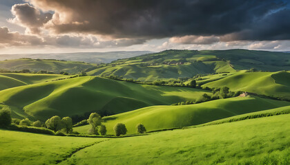 Obraz premium Rolling Green Hills Under Dramatic Sky