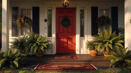 Christmas Decorated Front Door of a Home on a Porch