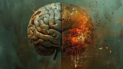 Artificial intelligence, neuroscience, or the future of human evolution, The contrast between natural and complex brain patterns creates a fascinating and thought-provoking picture.