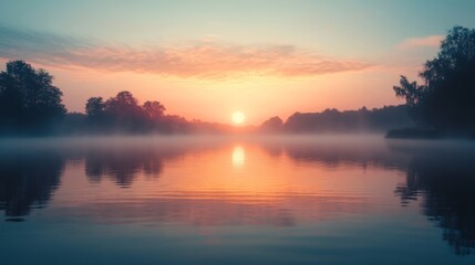 Fototapeta premium a captivating sunrise over a still lake, with mist rising from the water, creating a surreal and dreamlike atmosphere. The golden light illuminates the sky.
