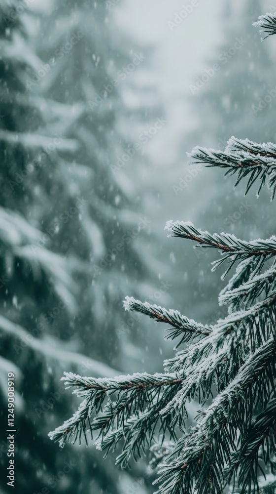 Poster snow is gently falling on frozen pine branches, creating a serene winter wonderland scene in a tranq