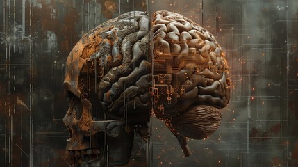 The brain's surface has a rough, textured look, with a mix of dark, rusty browns and grays. This suggests the use of iron or steel that has been exposed to the elements, giving it an aged.