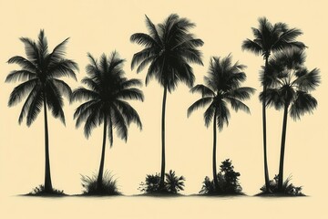 tropical paradise collection set of elegant black palm tree silhouettes in various natural poses against clean white background for design projects