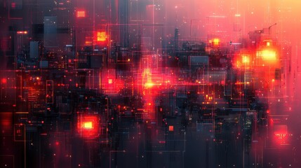 Futuristic city glowing red at night, digital art