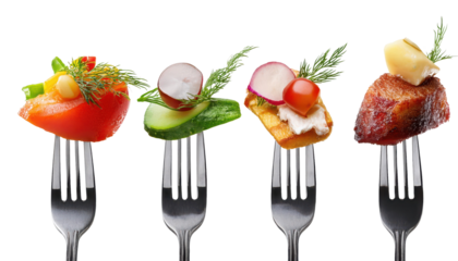 An appetizing assortment of colorful bite-sized appetizers on forks.