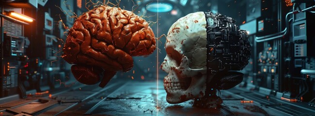 3D images of a human brain and a robot brain in a laboratory and research room, placed side by side to compare the performance and data processing units.