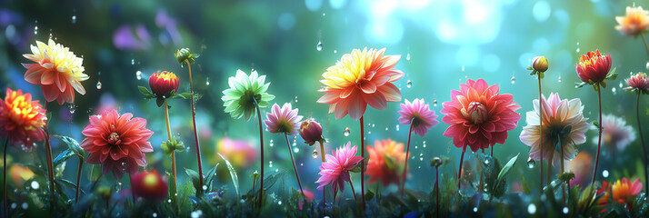 Colorful Dahlia blooms with rain drops