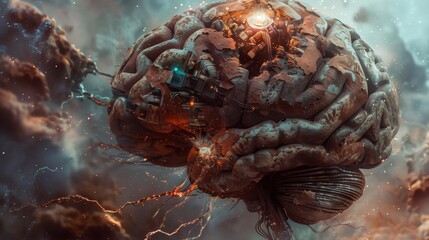 The brain is not shown in its typical biological form, but appears to be made of metal, an industrial material that resembles a complex network of wires, gears, and other mechanical components.