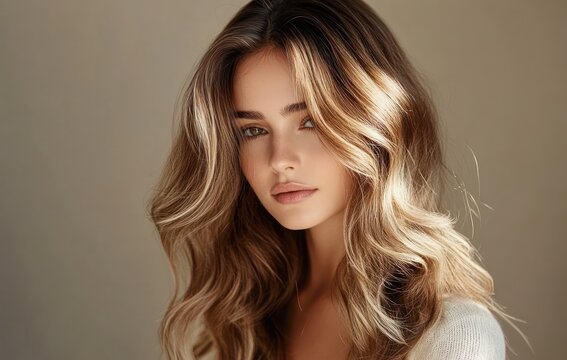Glamorous Fashion Portrait of a Woman with Long Wavy Hair and Natural Light in a Minimalist Style