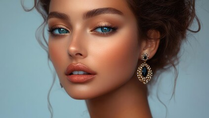 Elegant model with large earrings showcasing beauty and luxurious style with evening makeup and sophisticated hairstyle