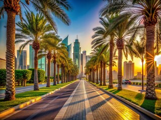 Doha Cityscape: Palm-lined Alleyway Road in Qatar - Architectural Photography