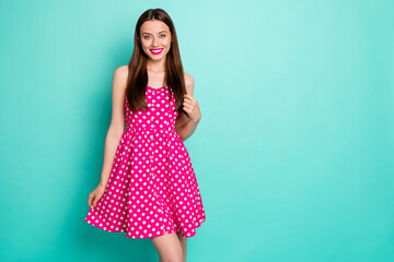 Portrait of her she nice-looking attractive lovely pretty winsome lovable cheerful cheery feminine shy straight-haired girl posing isolated over green blue turquoise bright vivid shine background