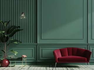 Elegant living room interior with green wall. burgundy velvet sofa. gold table. and plant