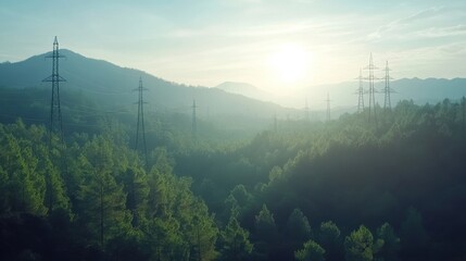 Obraz premium Serene landscape showcasing lush green forests and towering power lines under a bright sky