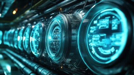 Advanced technology setup with glowing interfaces in a futuristic lab, showcasing intricate data processing systems and digital innovation in a high tech environment