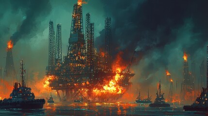 Obraz premium A glowing oil platform disaster, with flames engulfing the rig and dark smoke billowing into the cloudy sky. Rescue boats surround the platform, attempting to contain the fire 