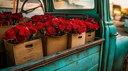 A delivery van interior features neatly packed rose bouquets in elegant boxes, ready for dispatch