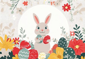 Cute Cartoon Bunny Holding Colorful Eggs Surrounded by Flowers