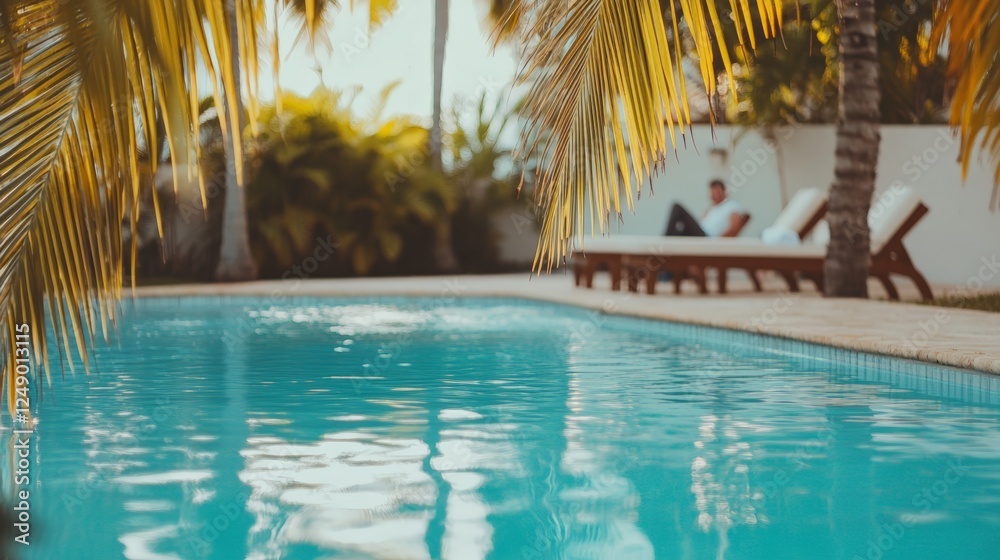 Aufkleber golden palm leaves gently sway in the foreground, framing a tranquil swimming pool with crystal clea