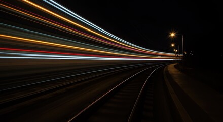 Dynamic Night Train Long Exposure Photograph with Vibrant Light Trails Curving Along the Track