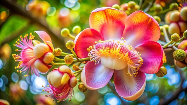 Double Exposure: Sala Tree Blossom Close-Up, Cannonball Flower, Shorea robusta, Botanical Photography