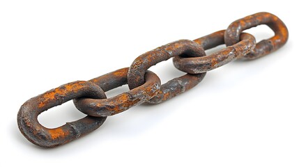 Obraz premium Metal chain displays broken link against bright white background, highlighting rusty iron texture and weathered details in dramatic macro photography.