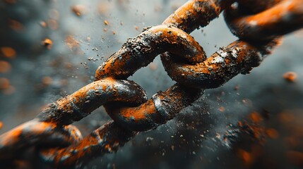 Metal chain displays broken link against bright white background, highlighting rusty iron texture and weathered details in dramatic macro photography.