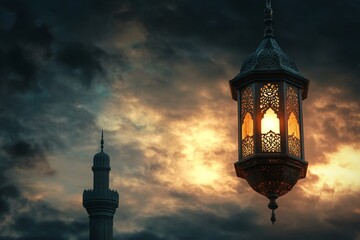 Ramadan Lantern Hanging Mosque Sunset Sky