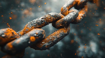 Metal chain displays broken link against bright white background, highlighting rusty iron texture and weathered details in dramatic macro photography.