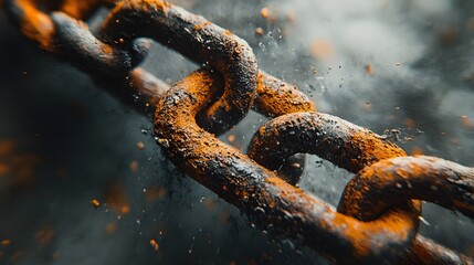 Metal chain displays broken link against bright white background, highlighting rusty iron texture and weathered details in dramatic macro photography.
